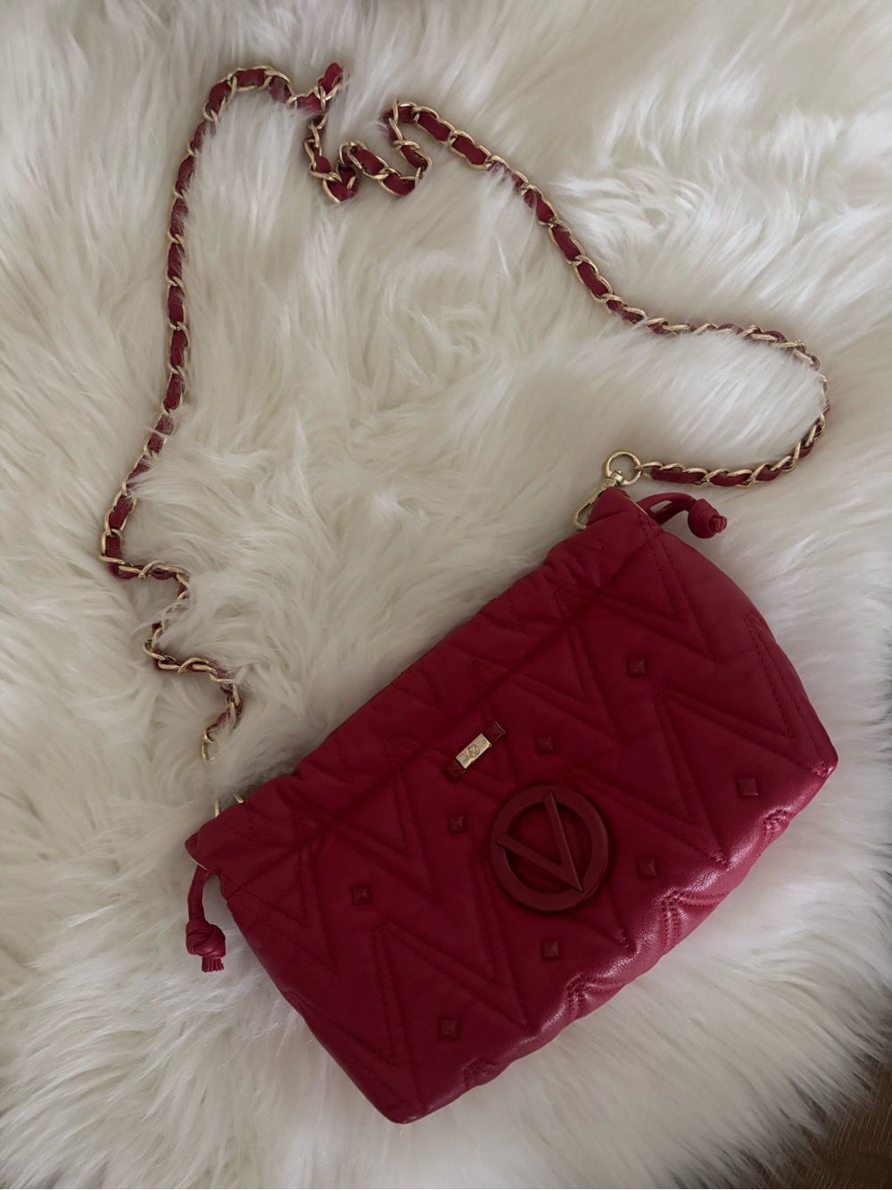 Valentino By Mario Valentino Quilted Red Crossbody with Gold Chain
